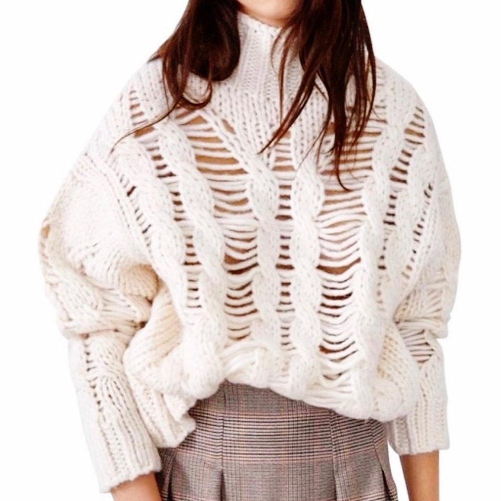 Zara Turtleneck Wool Sweater Open Knit Long Sleeve